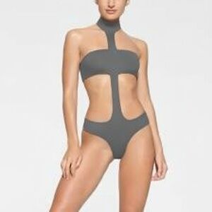 SKIMS Recycled Swim Cut Out Halter Monokini Gunmetal Size Small NWT